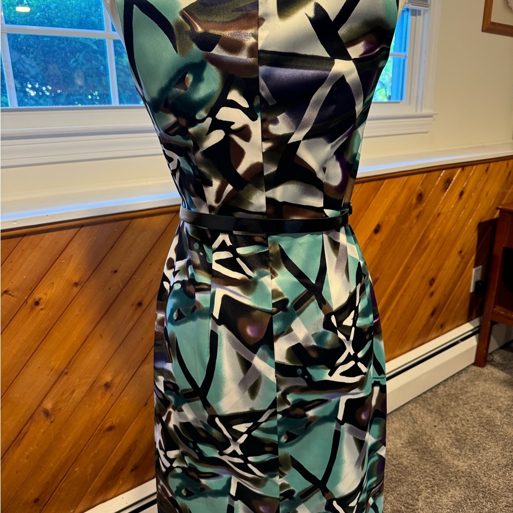 Teal Purple Black Sheath Dress size 4 zip up back w patent leather belt - Picture 3 of 13
